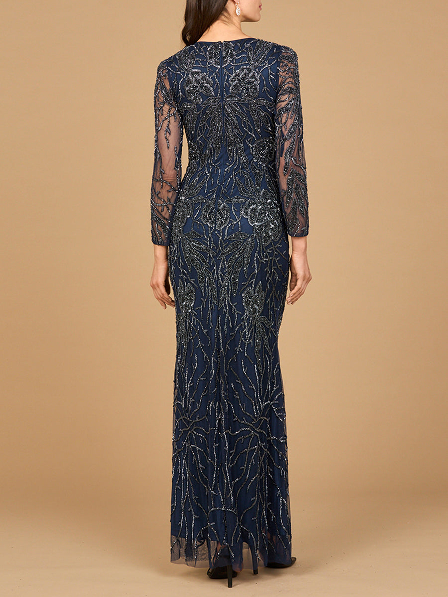 Hochgeschlossenes, langärmeliges, perlenbesetztes Kleid | 28889