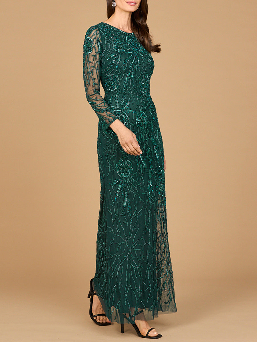 Hochgeschlossenes, langärmeliges, perlenbesetztes Kleid | 28889