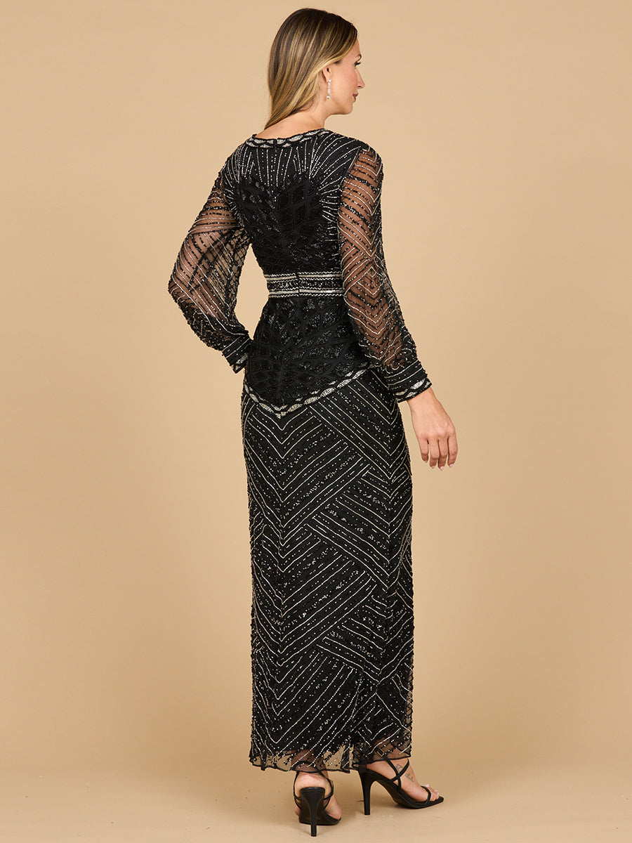 Maxikleid mit V-Ausschnitt, Perlen und langen Ärmeln