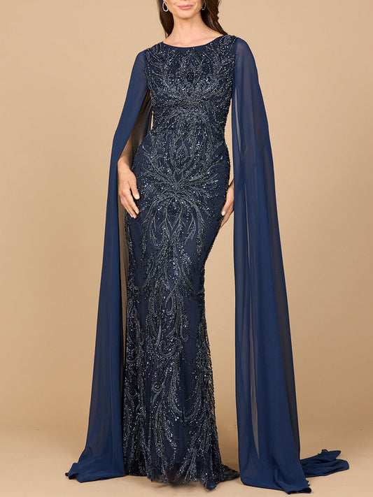 Hochgeschlossenes Abendkleid mit Chiffon-Cape-Ärmeln