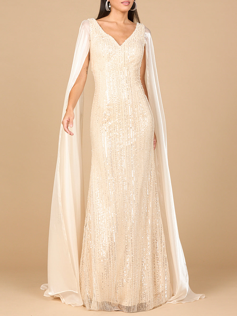 Perlenbesetztes Kleid mit Satincape-Ärmeln