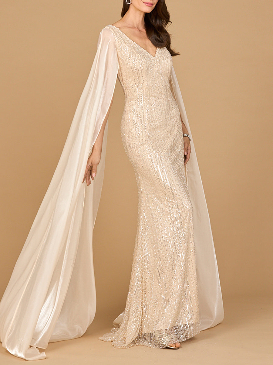 Perlenbesetztes Kleid mit Satincape-Ärmeln