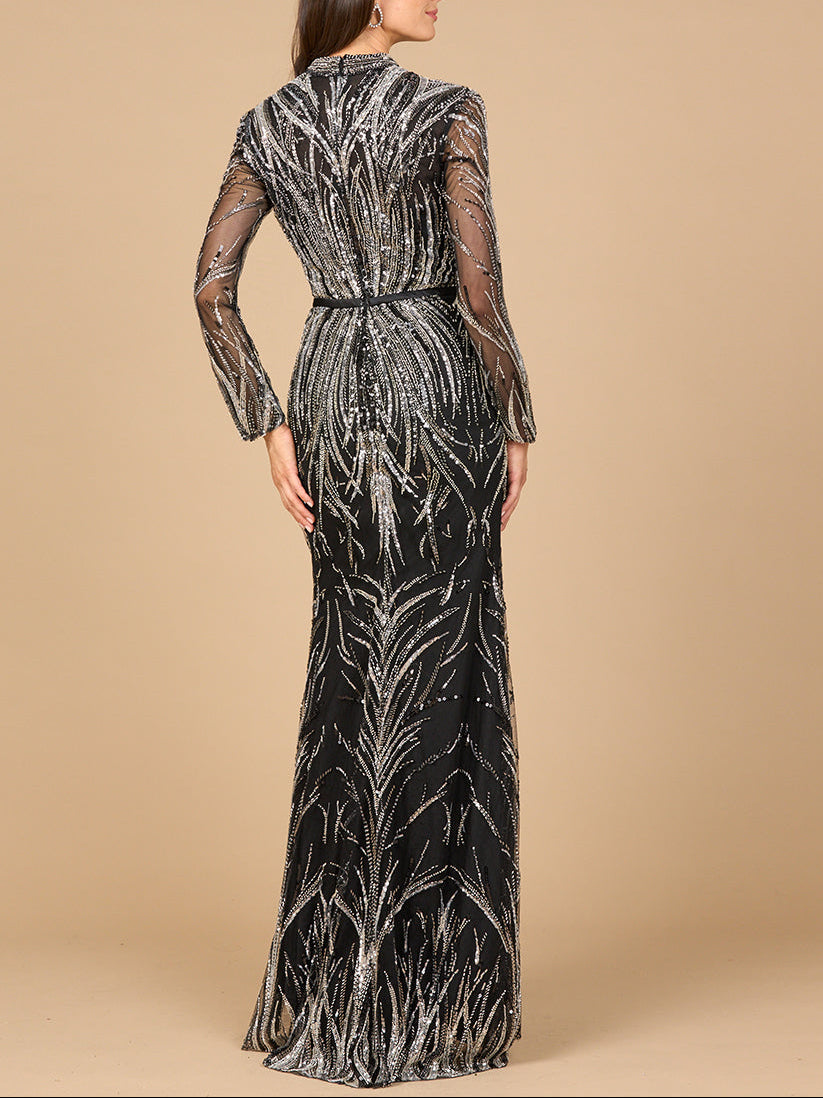 Robe de soirée col mandarin à manches longues