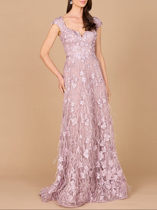 Kappenärmel, A-Linien-Kleid mit Federn