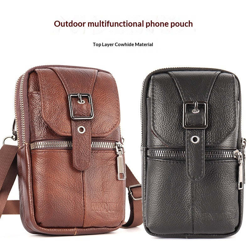 Genuine Leather Belt-Attached Multifunctional Phone Bag Mens Waist Bag