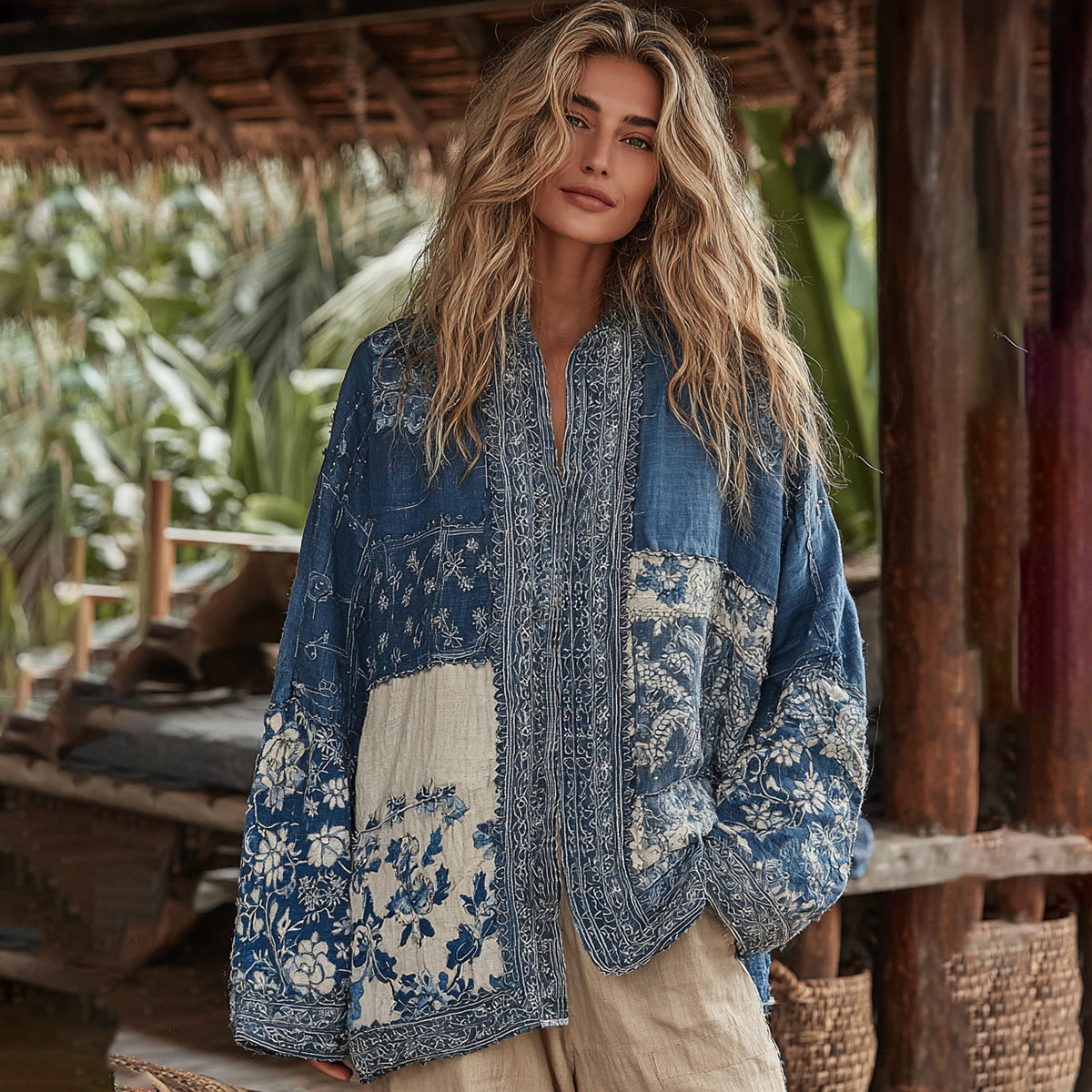 Ethnic-style Casual Linen Shawl With A Printed Shirt