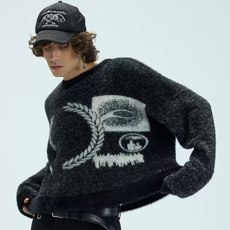 Mens American-style Cartoon Knitted Plush Color-block Crew-neck Sweater