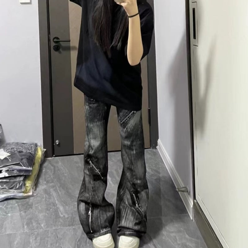 American-style Vintage Washed-design Slimming Pants With Zippers