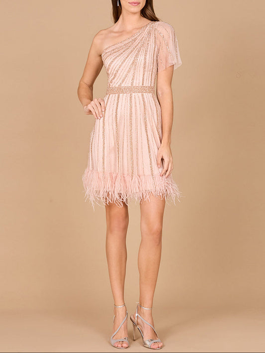 One-Shoulder-Cocktailkleid mit Federn