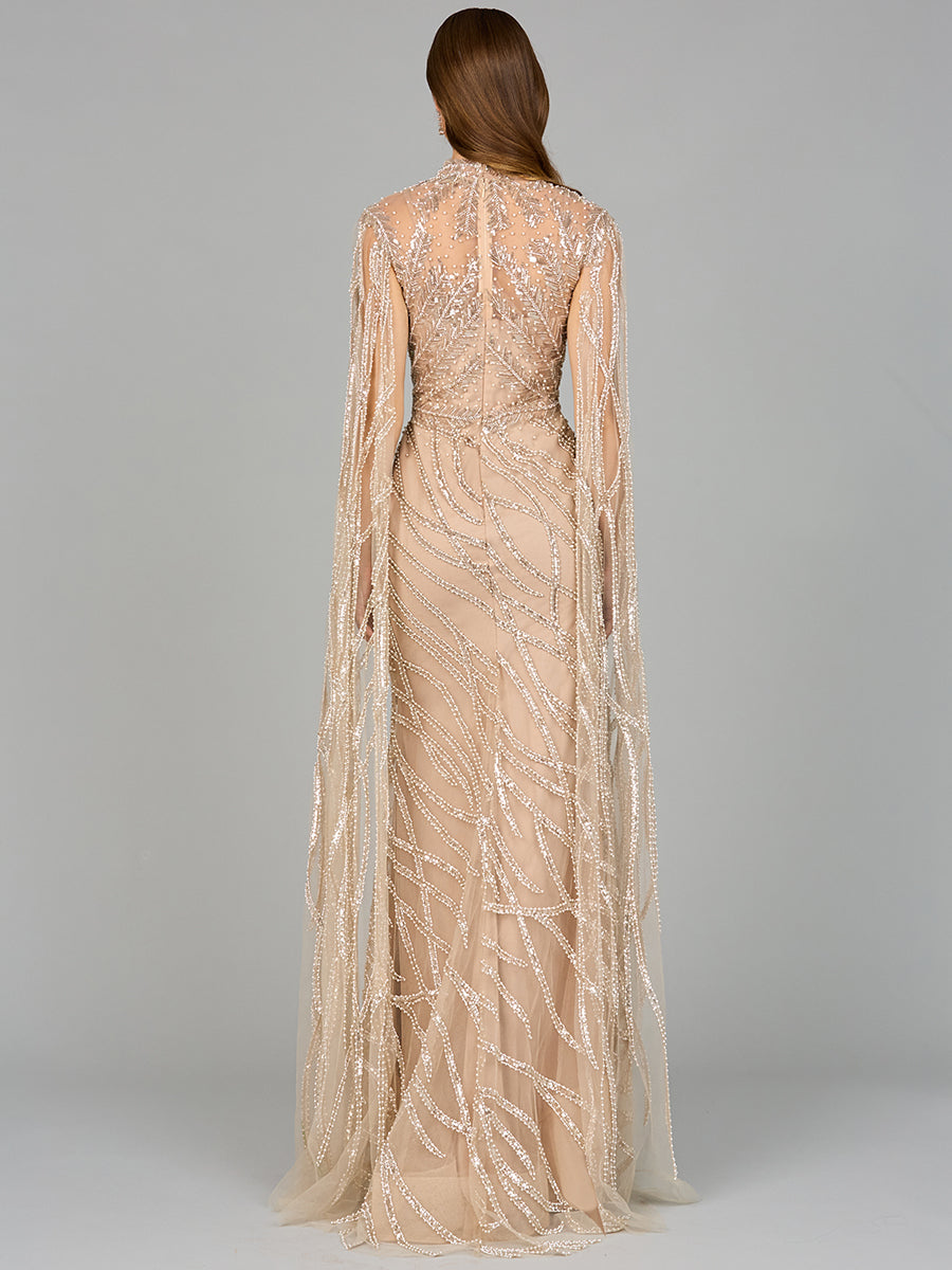 Hochgeschlossenes Abendkleid mit langen Cape-Ärmeln