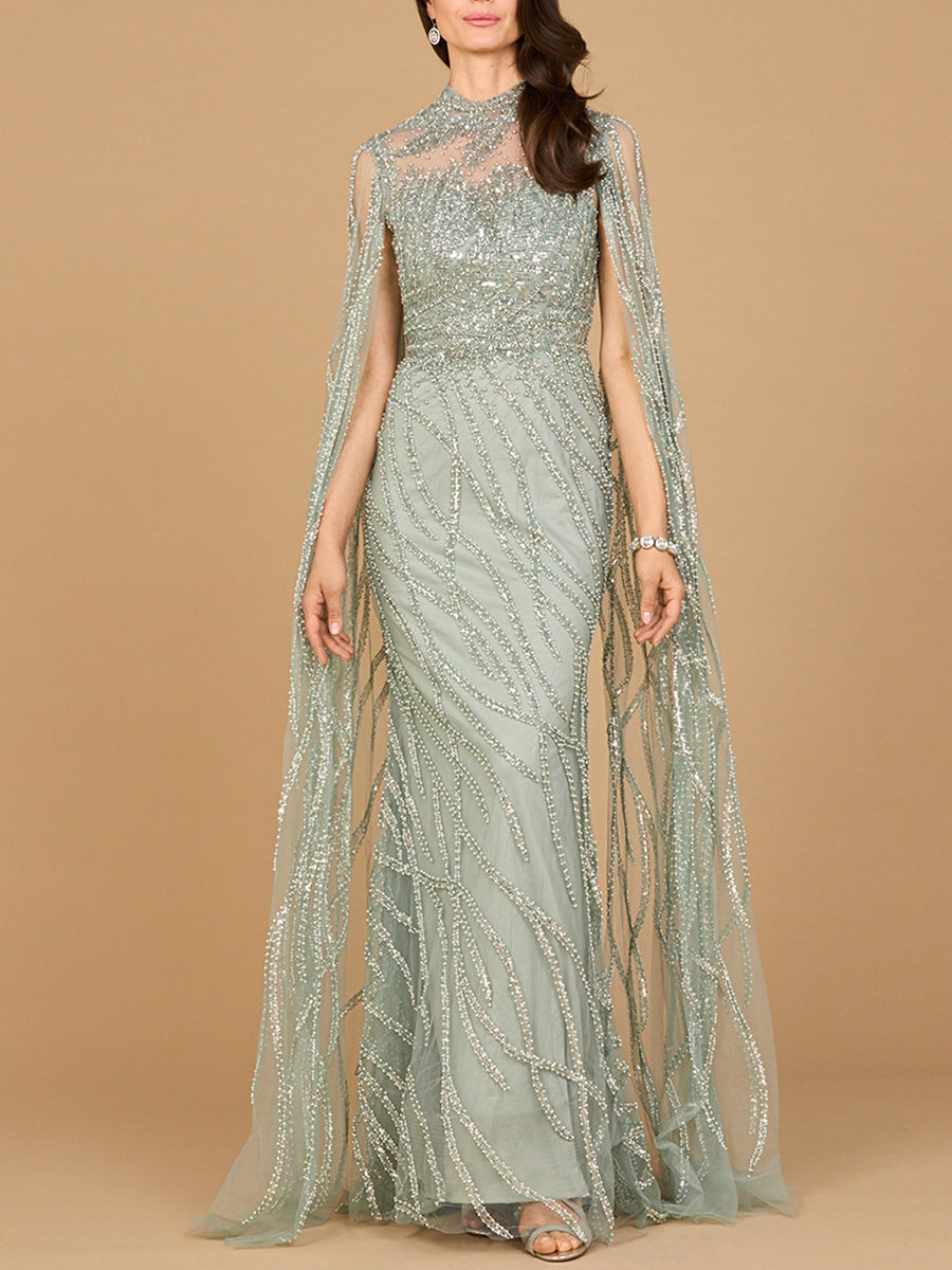 Hochgeschlossenes Abendkleid mit langen Cape-Ärmeln