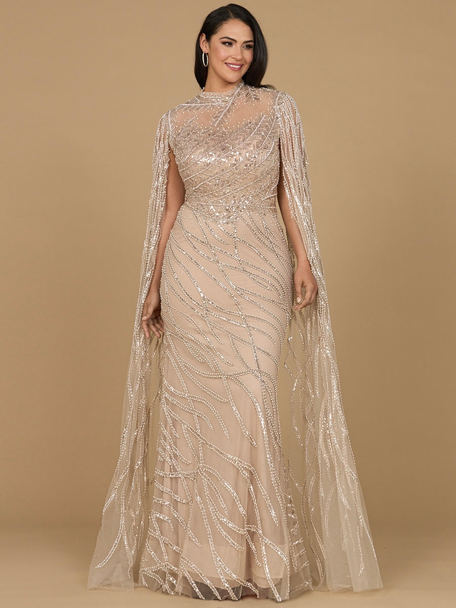 Hochgeschlossenes Abendkleid mit langen Cape-Ärmeln