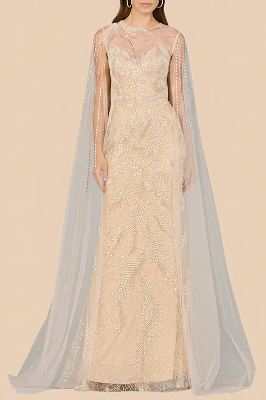 Langes Cape-Kleid mit Perlenstickerei