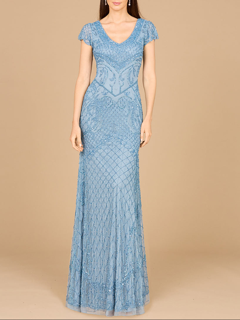 Perlenbesetztes Cape-Ärmel-Kleid mit V-Ausschnitt – OUTLET