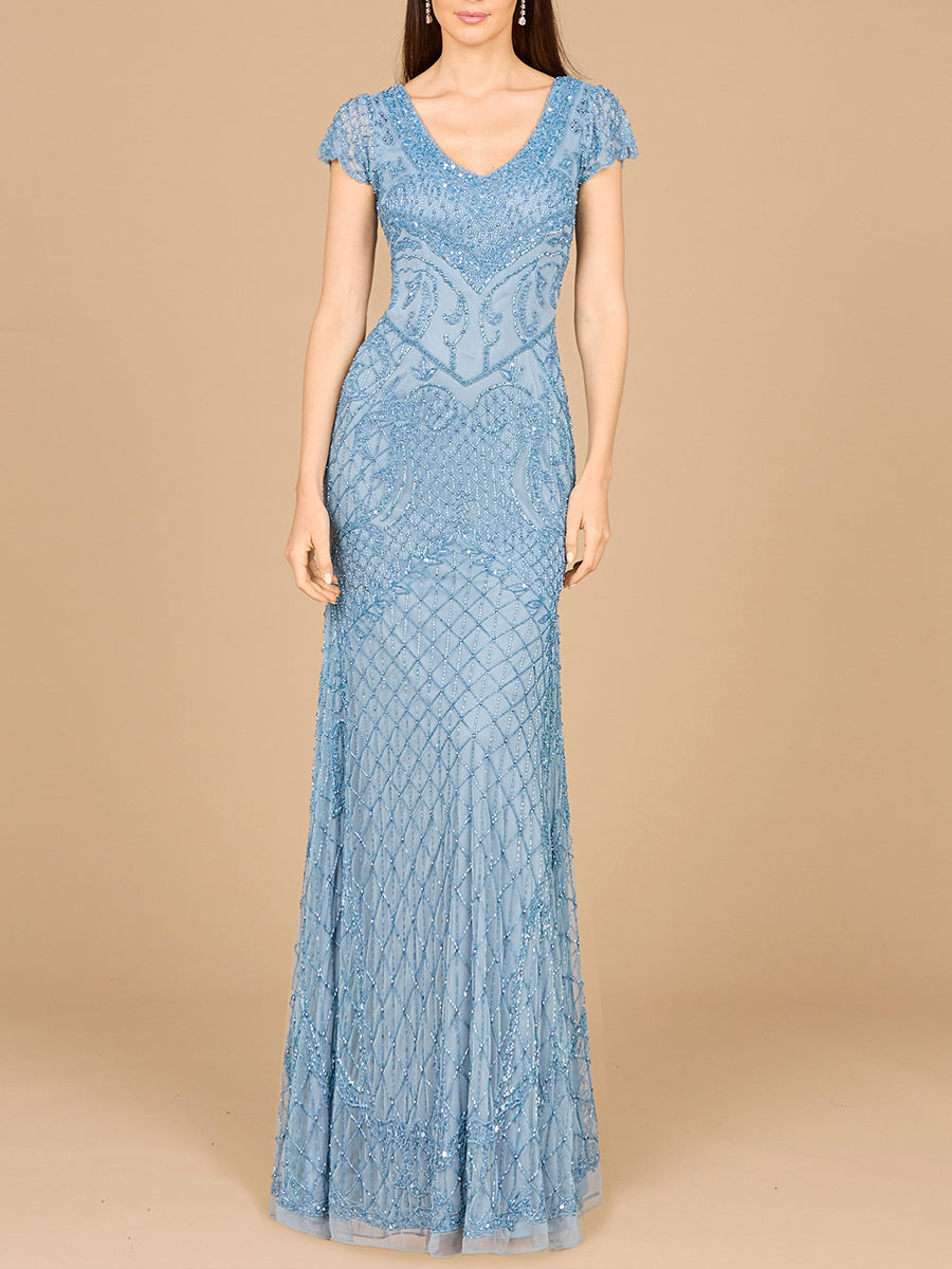 Perlenbesetztes Cape-Ärmel-Kleid mit V-Ausschnitt – OUTLET