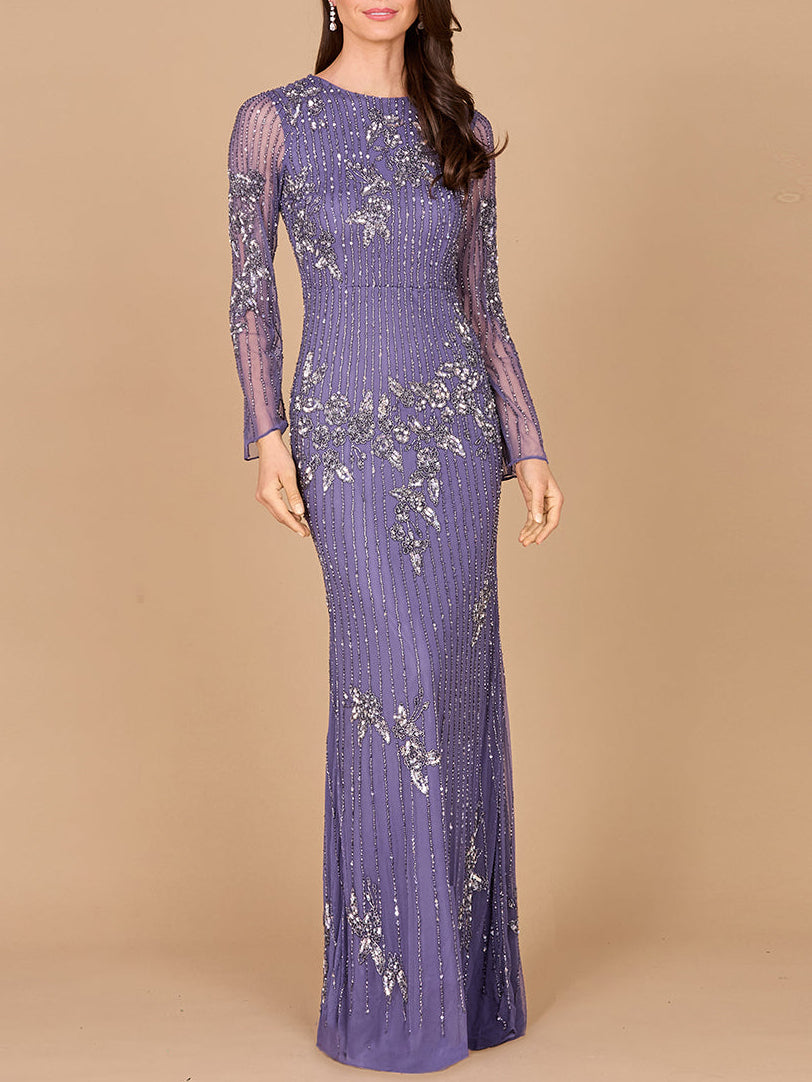 Langärmliges, hochgeschlossenes, perlenbesetztes Kleid – OUTLET