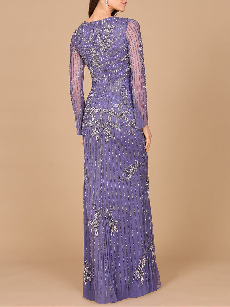 Langärmliges, hochgeschlossenes, perlenbesetztes Kleid – OUTLET