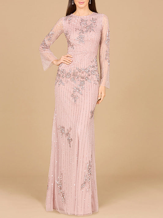 Langärmliges, hochgeschlossenes, perlenbesetztes Kleid – OUTLET
