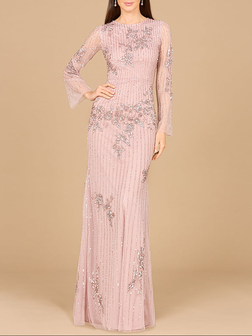Langärmliges, hochgeschlossenes, perlenbesetztes Kleid – OUTLET