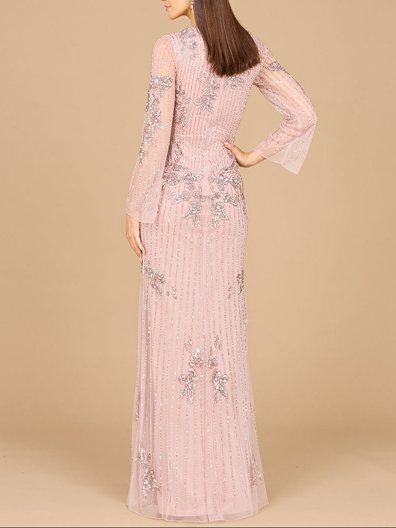 Langärmliges, hochgeschlossenes, perlenbesetztes Kleid – OUTLET