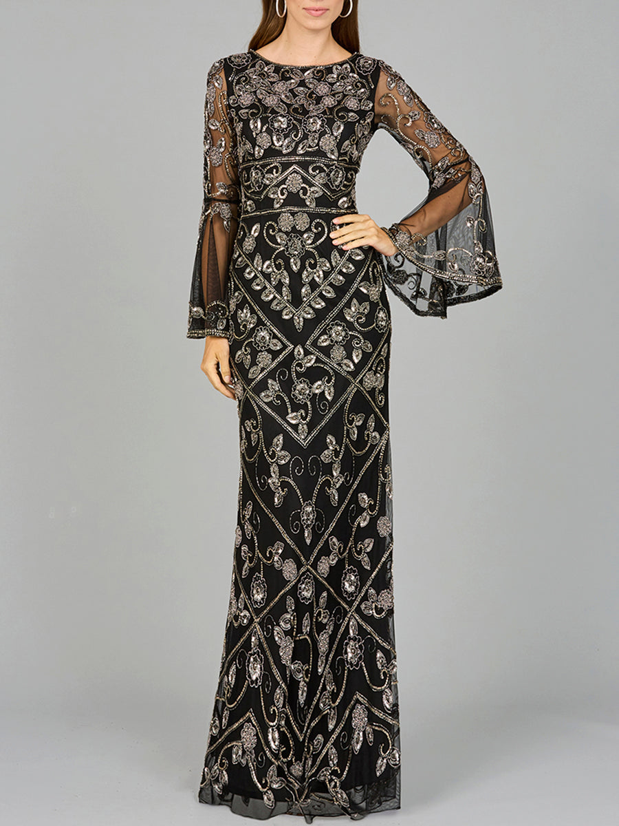Robe à col montant ornée de perles et à manches évasées