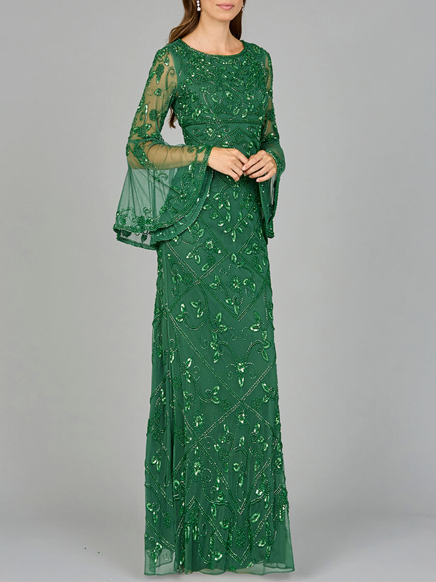 Robe à col montant ornée de perles et à manches évasées