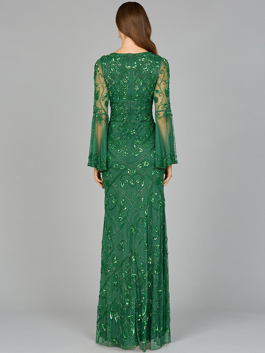 Robe à col montant ornée de perles et à manches évasées