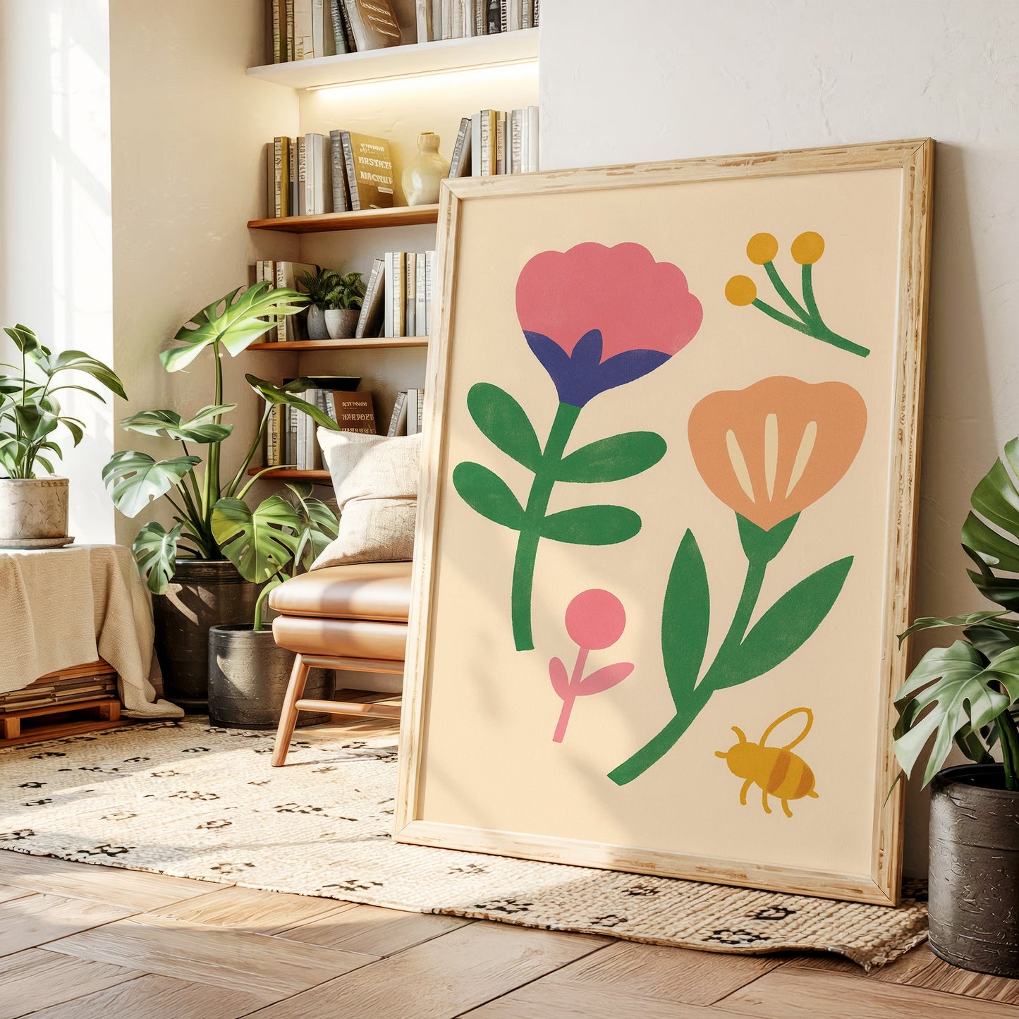 Hummel und Blüten auf Cremefarben