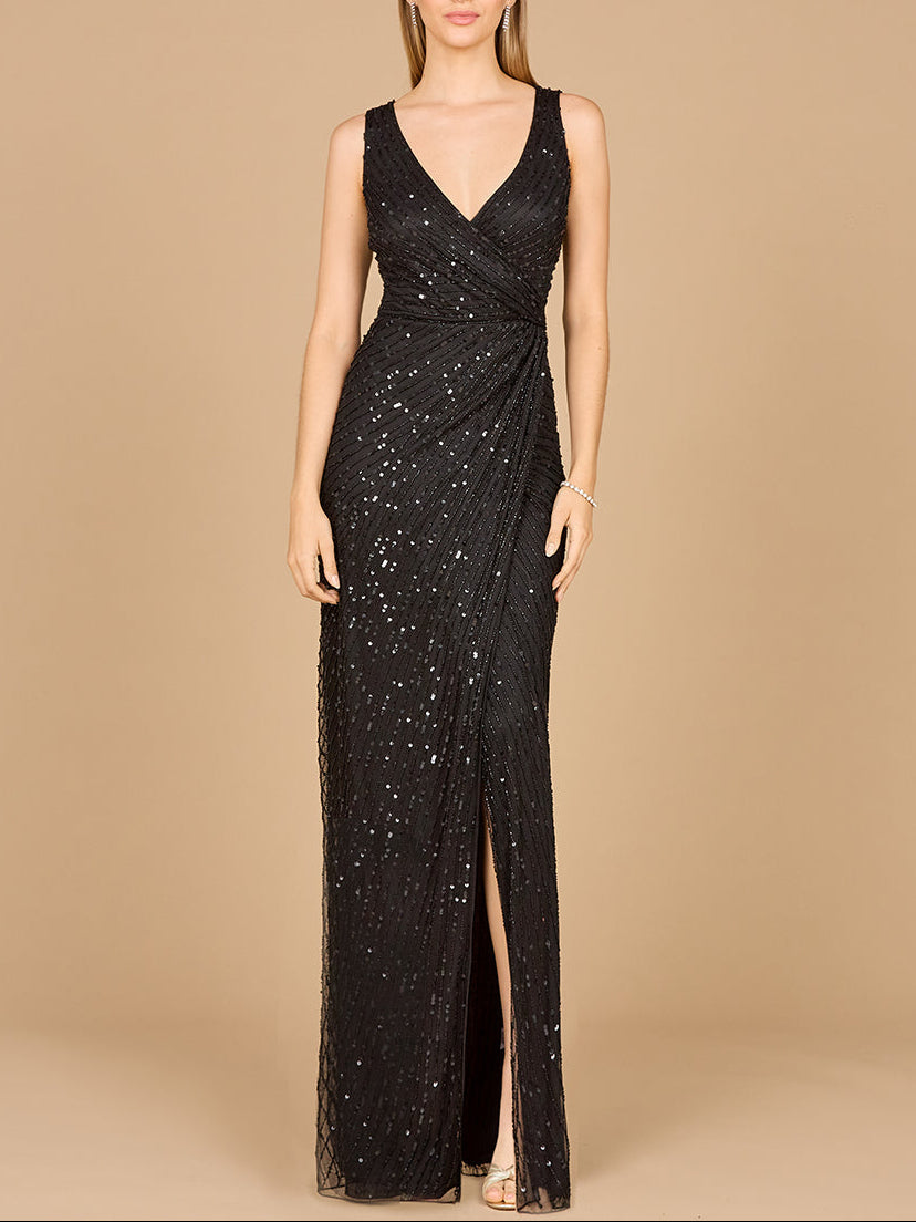 Robe noire perlée avec fente