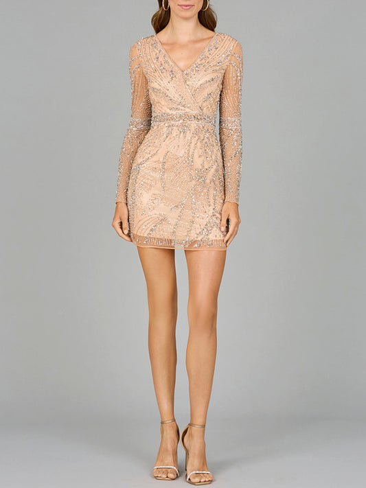 Langärmeliges V-Ausschnitt Cocktailkleid