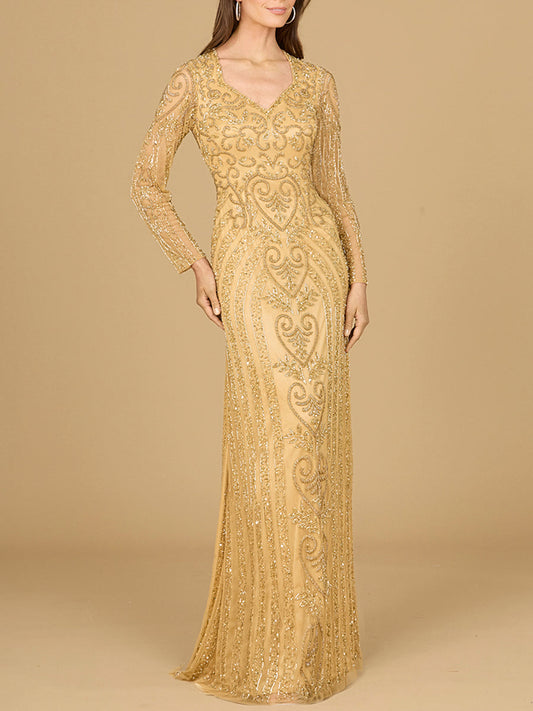 V Neck Beaded Long Sleeve Dress