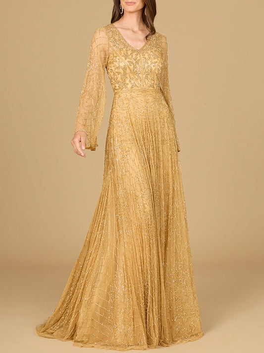 Robe longue perlée à manches évasées