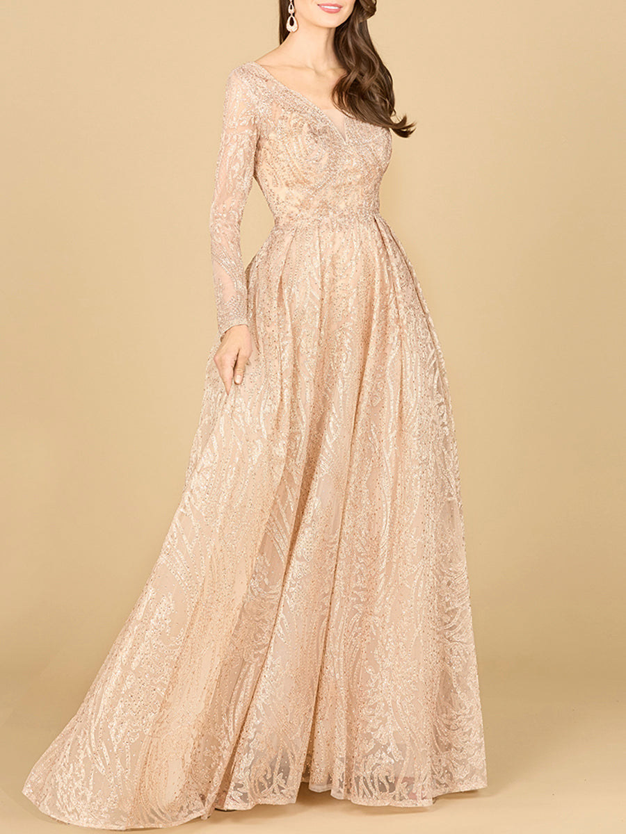 Robe longue trapèze à manches longues et décolleté en V