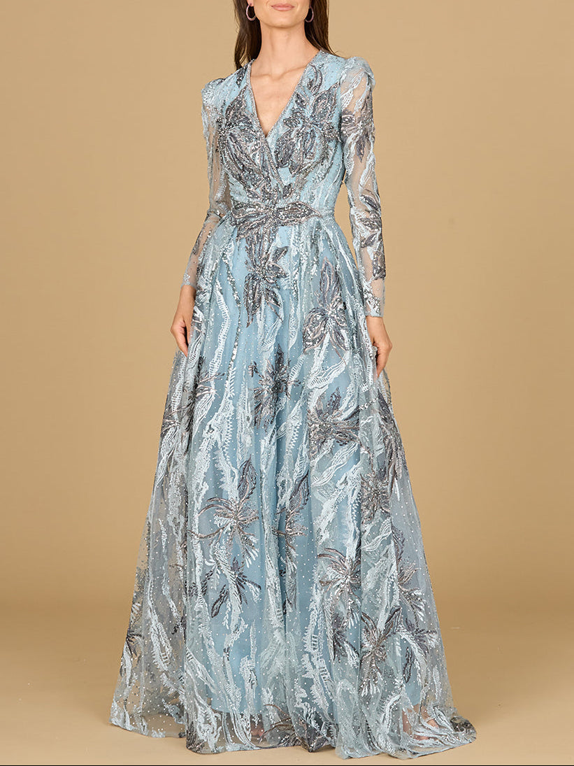 Langärmeliges V-Ausschnitt A-Linien-Kleid