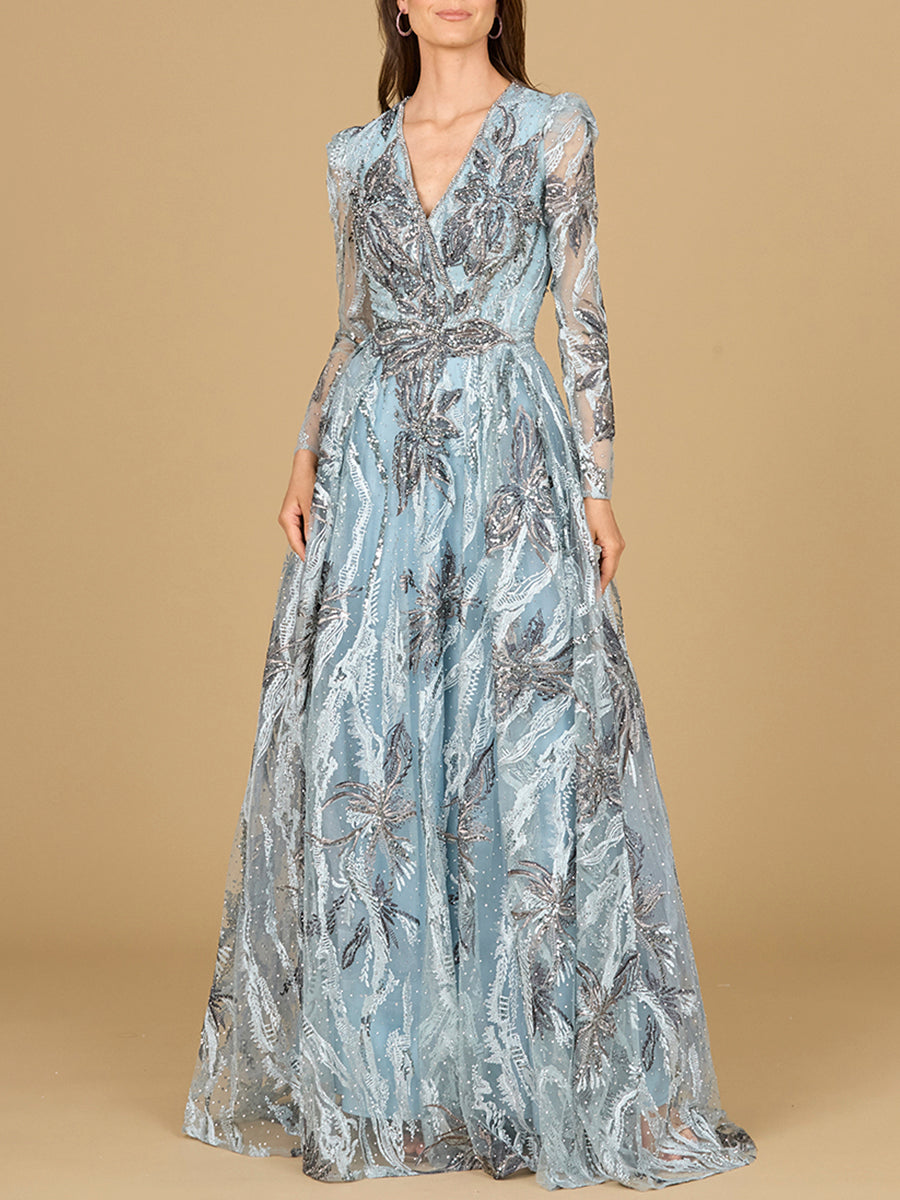 Langärmeliges V-Ausschnitt A-Linien-Kleid