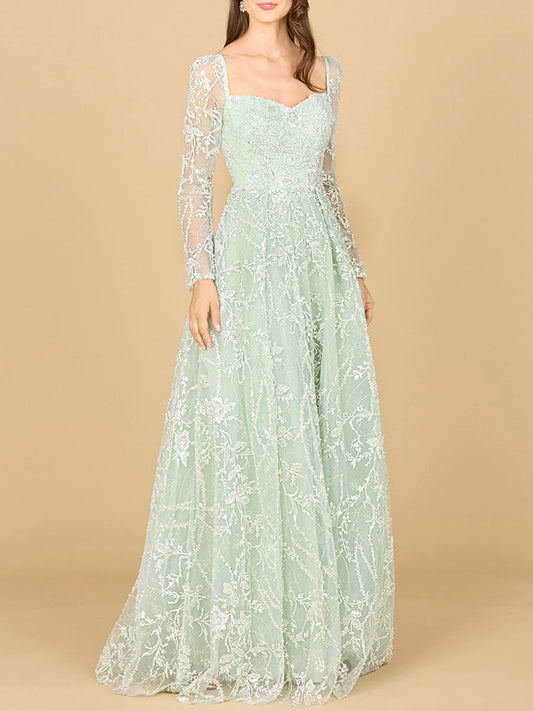 Robe longue en dentelle perlée à manches longues