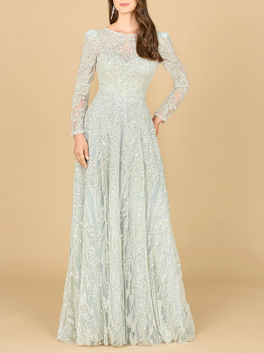 Robe longue en dentelle perlée à manches longues
