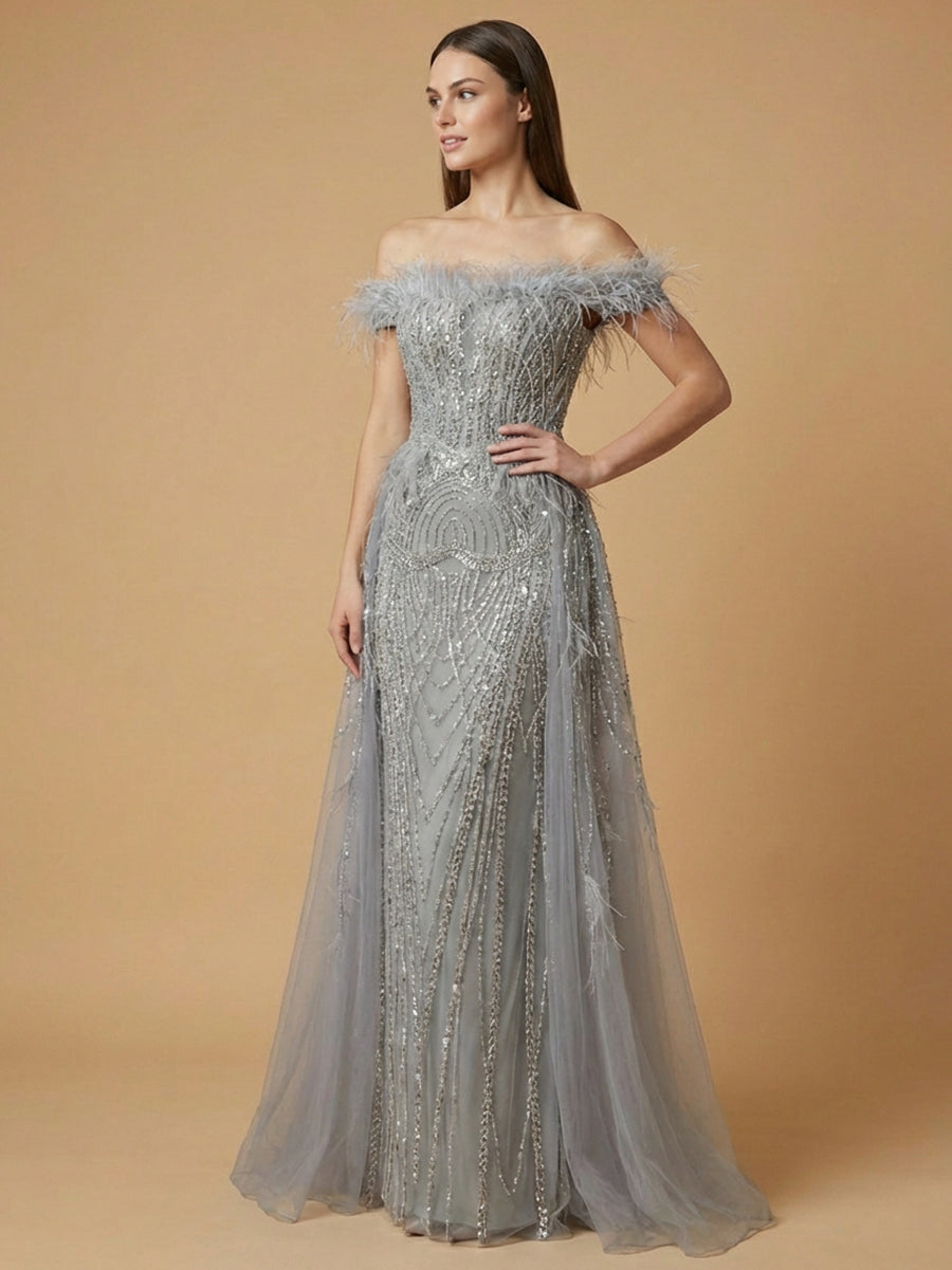 Off Shoulder Gown with Feathers