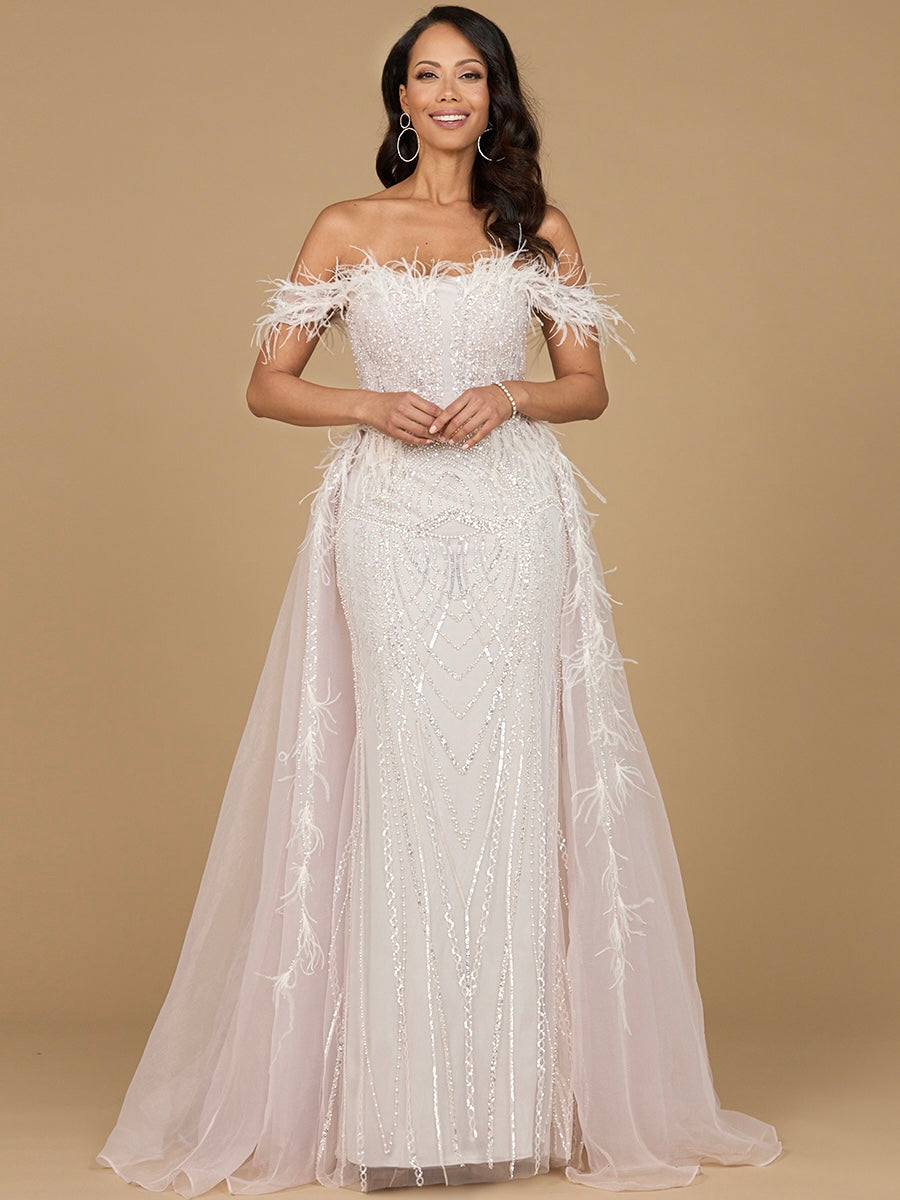 Off Shoulder Gown with Feathers