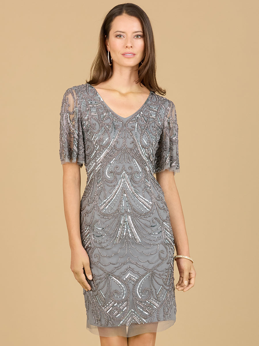 Perlenbesticktes Cocktailkleid mit kurzen Ärmeln - OUTLET