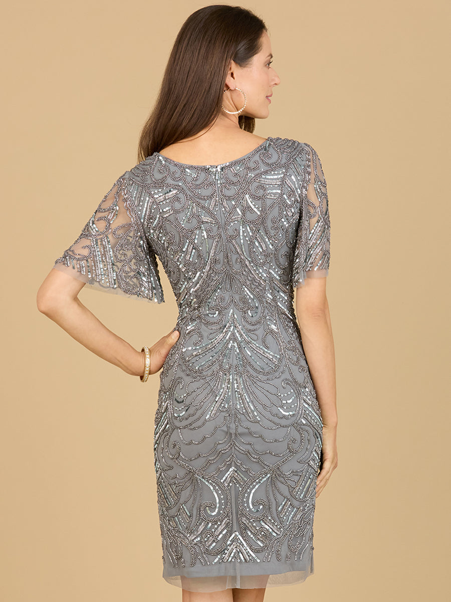Perlenbesticktes Cocktailkleid mit kurzen Ärmeln - OUTLET