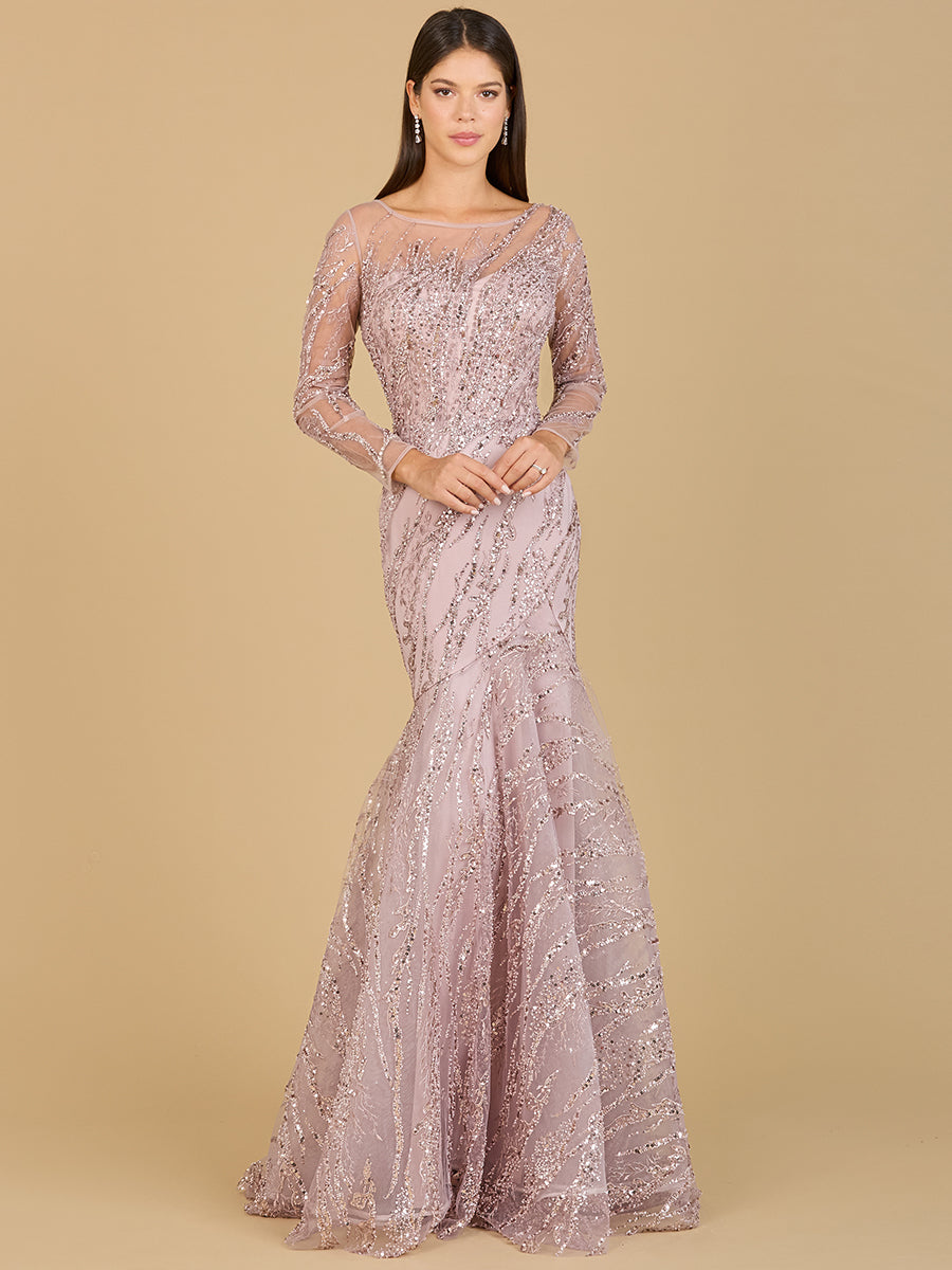 Langärmliges Meerjungfrauen-Kleid mit Perlenstickerei