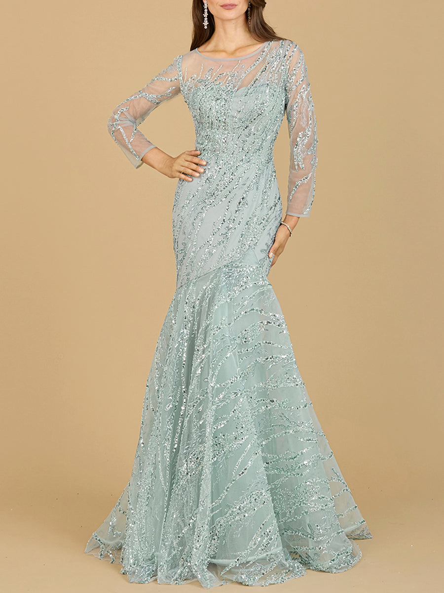 Langärmliges Meerjungfrauen-Kleid mit Perlenstickerei