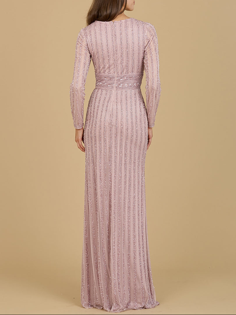 Langärmeliges V-Ausschnitt-Kleid mit Perlenstickerei