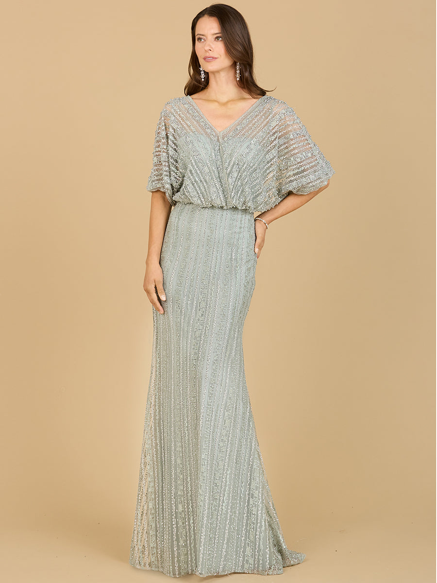 Abendkleid mit Cape-Ärmeln, V-Ausschnitt und geometrischen Perlenstickereien