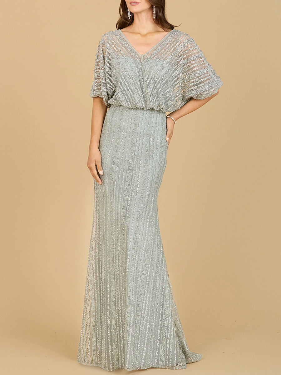 Abendkleid mit Cape-Ärmeln, V-Ausschnitt und geometrischen Perlenstickereien