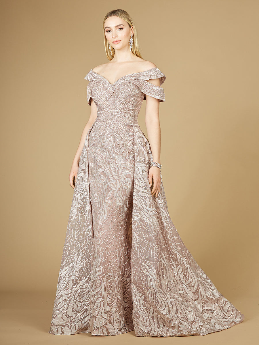 Robe sirène en dentelle à épaules dénudées avec surjupe