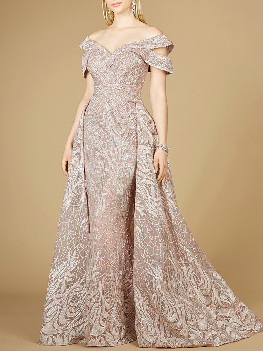 Robe sirène en dentelle à épaules dénudées avec surjupe