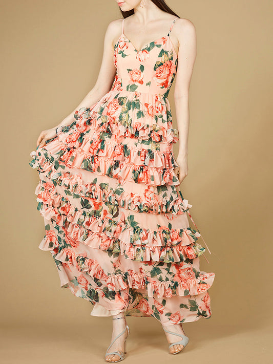 Robe imprimée à volants et bretelles spaghetti - OUTLET