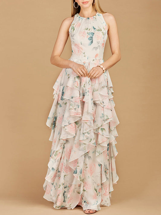Robe imprimée à col montant et jupe à volants - OUTLET